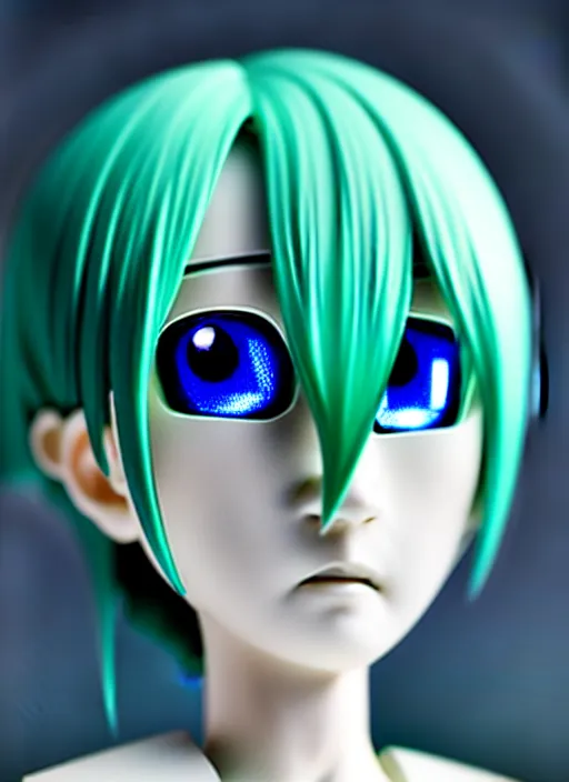 Prompt: Close-up portrait of an anime style android, robot made of anime figurine, sea-green hair and blue eyes, polycarbonate plastics, fiber-optics, fine joints, cute, wholesome, award-winning robotics