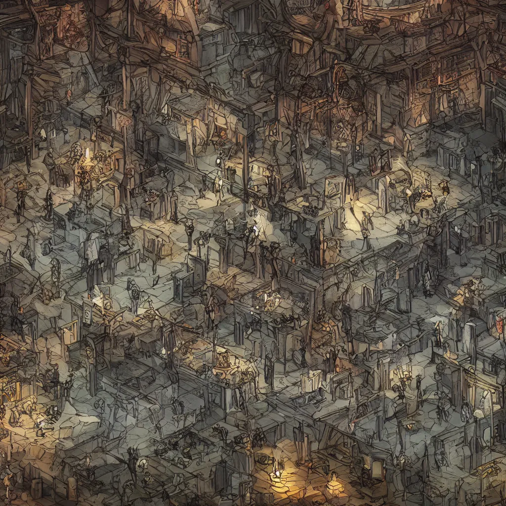 Image similar to An intensely bureaucratic villains lair with dozens of henchman doing paperwork, gridless DND map, 8k digital art, high quality,