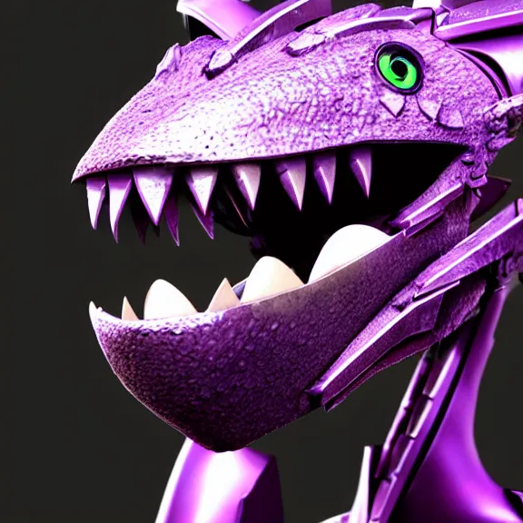 Image similar to high quality close up headshot of a cute beautiful stunning robot anthropomorphic female dragon, with sleek silver armor, purple flesh, glowing LED eyes, facing the camera, high quality maw open and about to eat you, you being dragon food, the open maw being detailed and soft, with purple mawflesh, sharp teeth, soft lulling tongue, highly detailed digital art, furry art, anthro art, sci fi, warframe art, destiny art, high quality, 3D realistic, dragon mawshot, maw art, furry mawshot, macro art, dragon art, Furaffinity, Deviantart