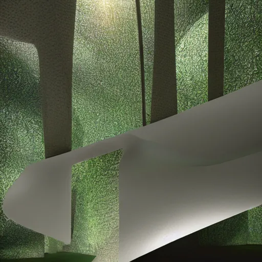 Image similar to Hyper realistic,interior design,organic form,plaster, green,transparency, view of forest,Future design,architecture design,parametric architecture,covers by textile,environment,morning light,Cinematography,mega scans,cinematic,hyper realistic,photo real,cinematic composition,highly detailed,vray,8k render, extremely realistic H 1024