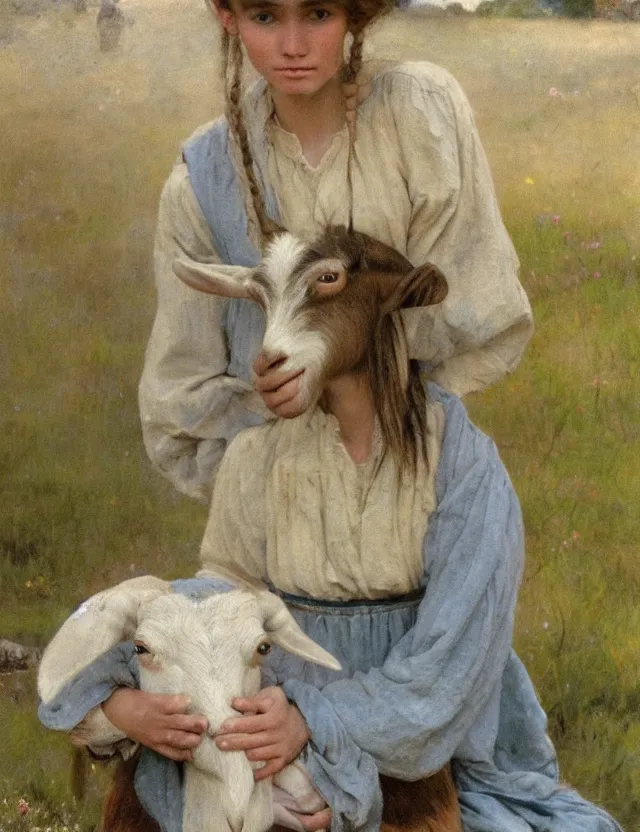 Image similar to portrait of peasant girl pet a goat, cottage core, cinematic focus, polaroid photo bleached vintage pastel colors high - key lighting, soft lights, foggy, by steve hanks, by lisa yuskavage, by serov valentin, by tarkovsky, 8 k render, detailed, oil on canvas