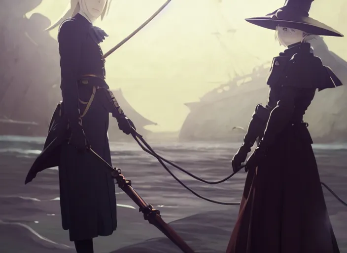 Image similar to portrait of lady maria, helm of second world war warship in background, illustration concept art anime key visual trending pixiv fanbox by wlop and greg rutkowski and makoto shinkai and studio ghibli and kyoto animation, astral witch clothes, steampunk, realistic anatomy, grimdark, volumetric lighting