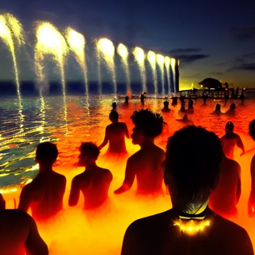 Image similar to swimming diverse groups of humans glowing sea at night, from behind, wide angle, elaborate, highly detailed, beautiful lighting