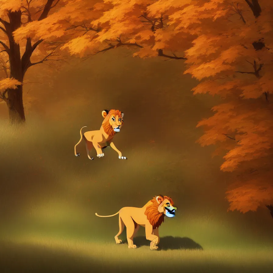 Prompt: Goro Fujita illustrating side view of a lion walking through a beautiful autumn forest, art by Goro Fujita, sharp focus, highly detailed, ArtStation