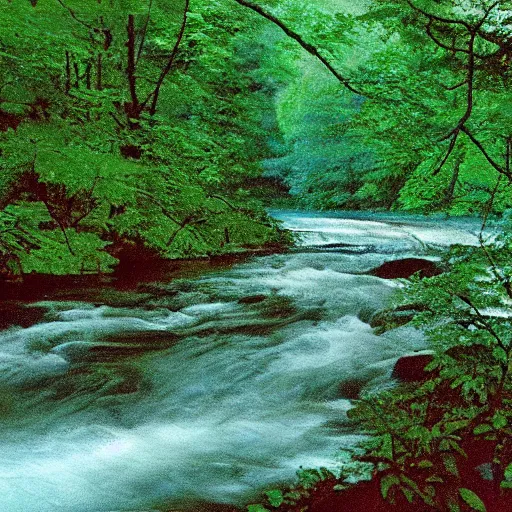 Image similar to a river running through a lush green forest, a jigsaw puzzle by shirley teed, featured on flickr, hudson river school, photo taken with ektachrome, creative commons attribution, photo taken with provia