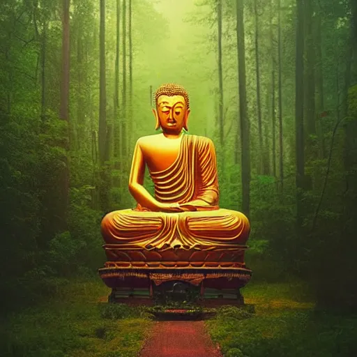 Image similar to a buddha statue sitting in the middle of a forest, cyberpunk art by Alena Aenami, trending on cgsociety, metaphysical painting, tesseract, mystical ::