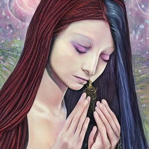 Prompt: a portrait of a beautiful young witch praying a psychic prayer that is surreally becoming real as the pretty mentally insane young witch inquisitively smirks at you. slender, pretty and stunning young witch with long straight hair wearing an English school uniform, with mental insanity imagines an image of a psychic energetic state of lucid reality. ultra detailed painting at 16K resolution and epic visuals. epically surreally beautiful image. amazing effect, image looks crazily crisp as far as it's visual fidelity goes, absolutely outstanding. vivid clarity. ultra. iridescent. mind-breaking. English school uniform-wearing young witch illustrated as a portrait. mega-beautiful pencil shadowing. Ultra High Definition. holy art that looks like it is portraying a normal young lady.