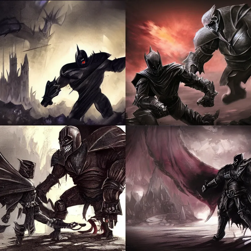 Prompt: ginormous dark evil knight gets beaten by tiny man concept art fantasy
