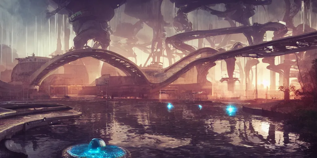 Image similar to alien spacecraft hovering over beautiful pool waterfalls surrounded by alien robots, steel archways, industrial buildings, rusty metal towers, sun setting, ross tran, fantasy, james jean,, cinematic lighting, digital painting, octane render