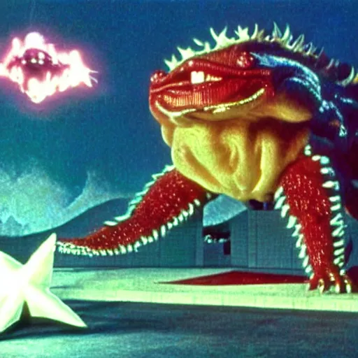 Image similar to Pulgasari the North Korean monster, volumetric lighting, filmstill, produced by Kim Jong-il, Kodachrome, kaiju-eiga, starfish monster movie