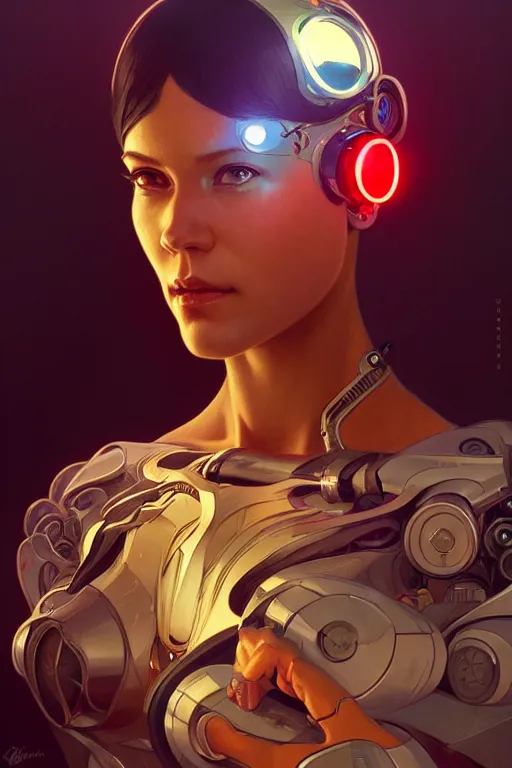 Image similar to a portrait of cyborg, fantasy, sharp focus, intricate, elegant, digital painting, artstation, matte, highly detailed, concept art, illustration, ambient lighting, art by ilya kuvshinov, artgerm, alphonse mucha, and greg rutkowski