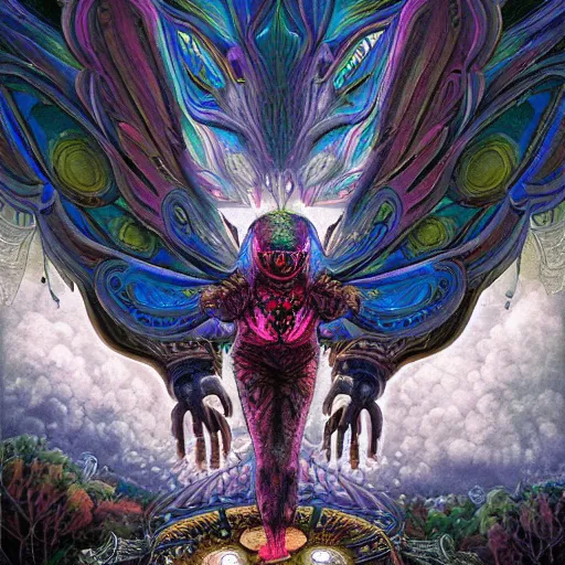 Prompt: 8K Portrait of centered chest up of a psychedelic godlike mothman with giant mandala wings smoking a hand-rolled cigarette smoking heavily , magic mushroom village in background , post-processing , award winning. superb resolution. in the art style of junji Ito and greg rutkowski . Detailed Mushroom city in background. Hyper realistic anime. Perfect art. Dalle2