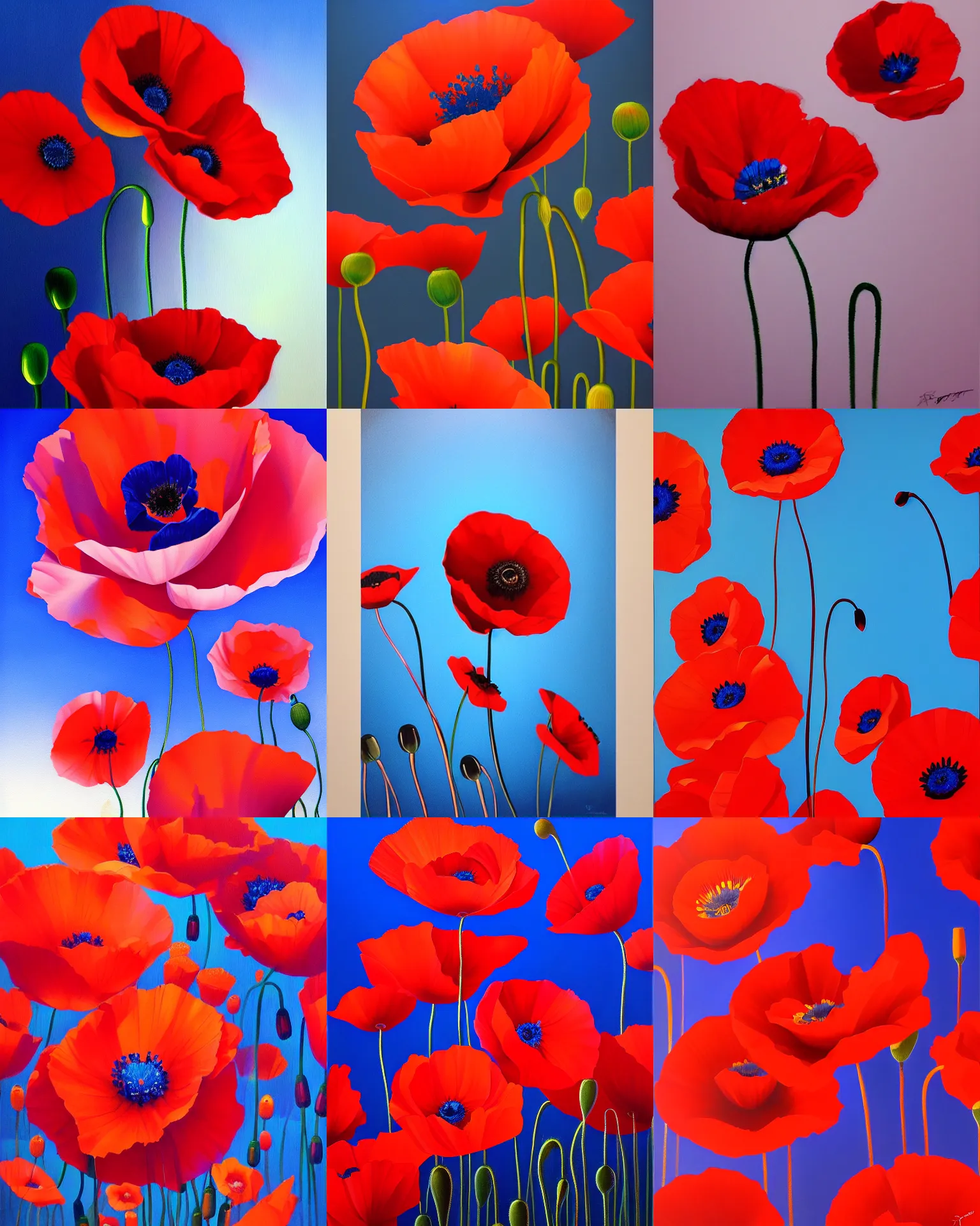 Prompt: poppy flowers painting by stanley artgerm, dramatic lighting, ilya kuvshinov, trending on artstation, flat colour, geometric curves, gradient filter, red and blue back light