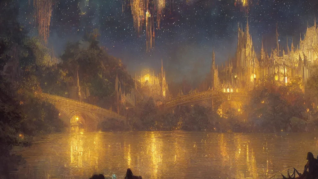 Prompt: a beautiful painting of rivendell, at night with a sky full of stars and fireworks, intricate, elegant, highly detailed, digital painting, artstation, concept art, by krenz cushart and artem demura and alphonse mucha