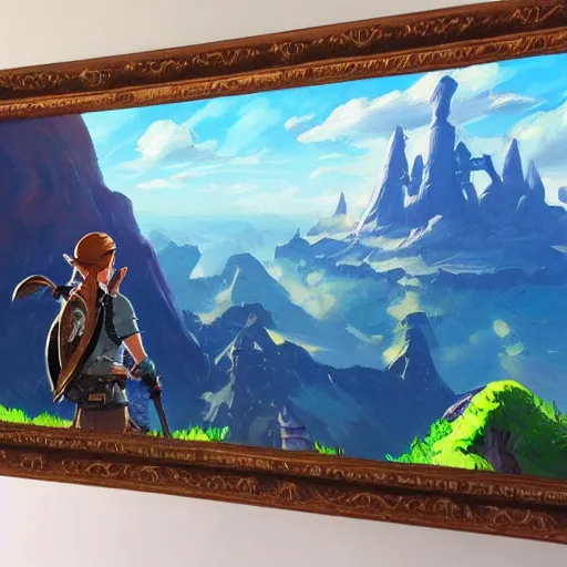 Image similar to oil painting of zelda breath of the wild, mountain in the background. beautiful, rpg, dnd, artgerm, disney, pixar