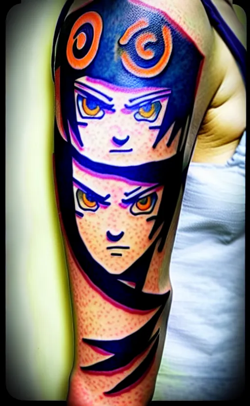 Prompt: arm with naruto tatoo, facebook photo, tattoo