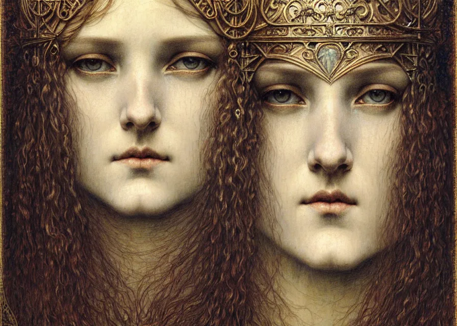 Image similar to detailed realistic beautiful young medieval queen face portrait by jean delville, gustave dore and marco mazzoni, art nouveau, symbolist, visionary, gothic, pre - raphaelite. horizontal symmetry