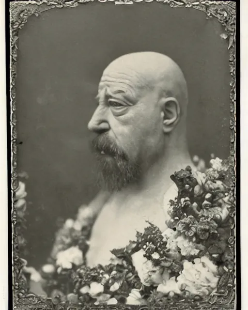 Image similar to a beautiful detailed front view portrait of homer simpson with baroque ornate growing around, flowers, plants, ornamentation, elegant, beautifully soft and dramatic lit, 1 9 1 0 polaroid photo