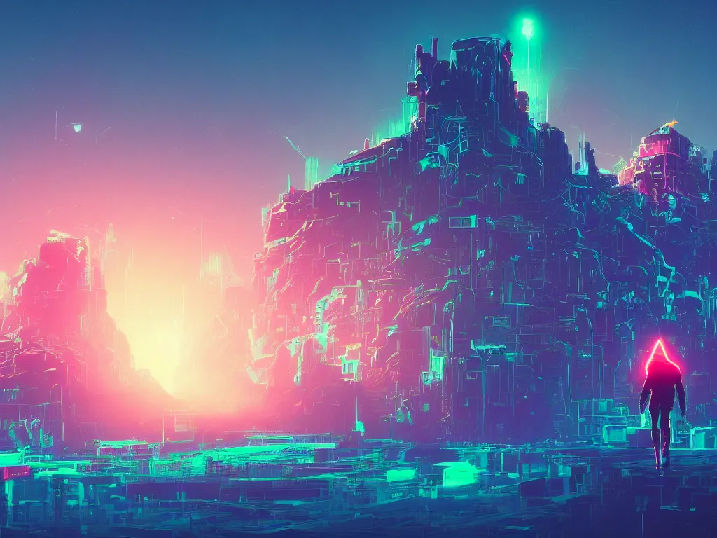 Prompt: synthwave landscape of a lone traveler walking towards a distant cyberpunk castle, complex, cyberspace, grid, holographic, virtual, night, wireframe, by Anton Fadeev, by Alena Aenami, by Paul Lehr, wide angle, highly detailed, cinematic, Blue and Green color scheme