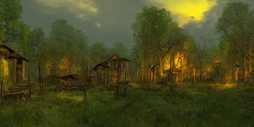 Image similar to an abandoned forest village in dnd at dusk, high definition