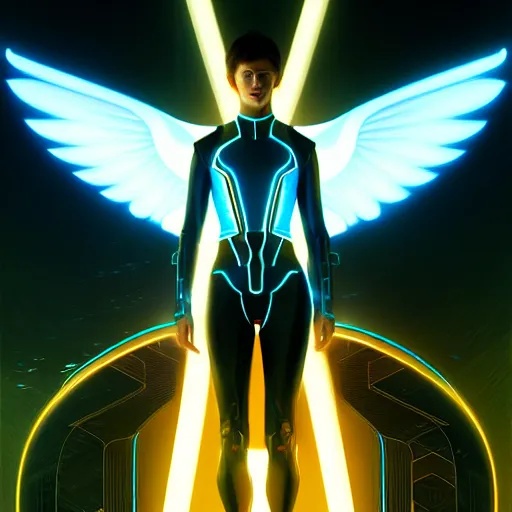 Image similar to tron legacy angel, diffuse lighting, hyper realistic, concept art, intricate, hyper detailed, smooth, sharp focus, illustration, trending on artstation, art by greg rutkowski and james gurney and alphonse mucha