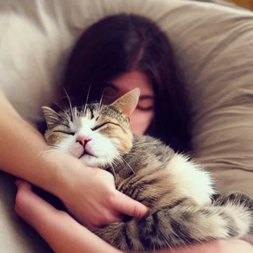 Prompt: cat sleeping in women ’ s arms