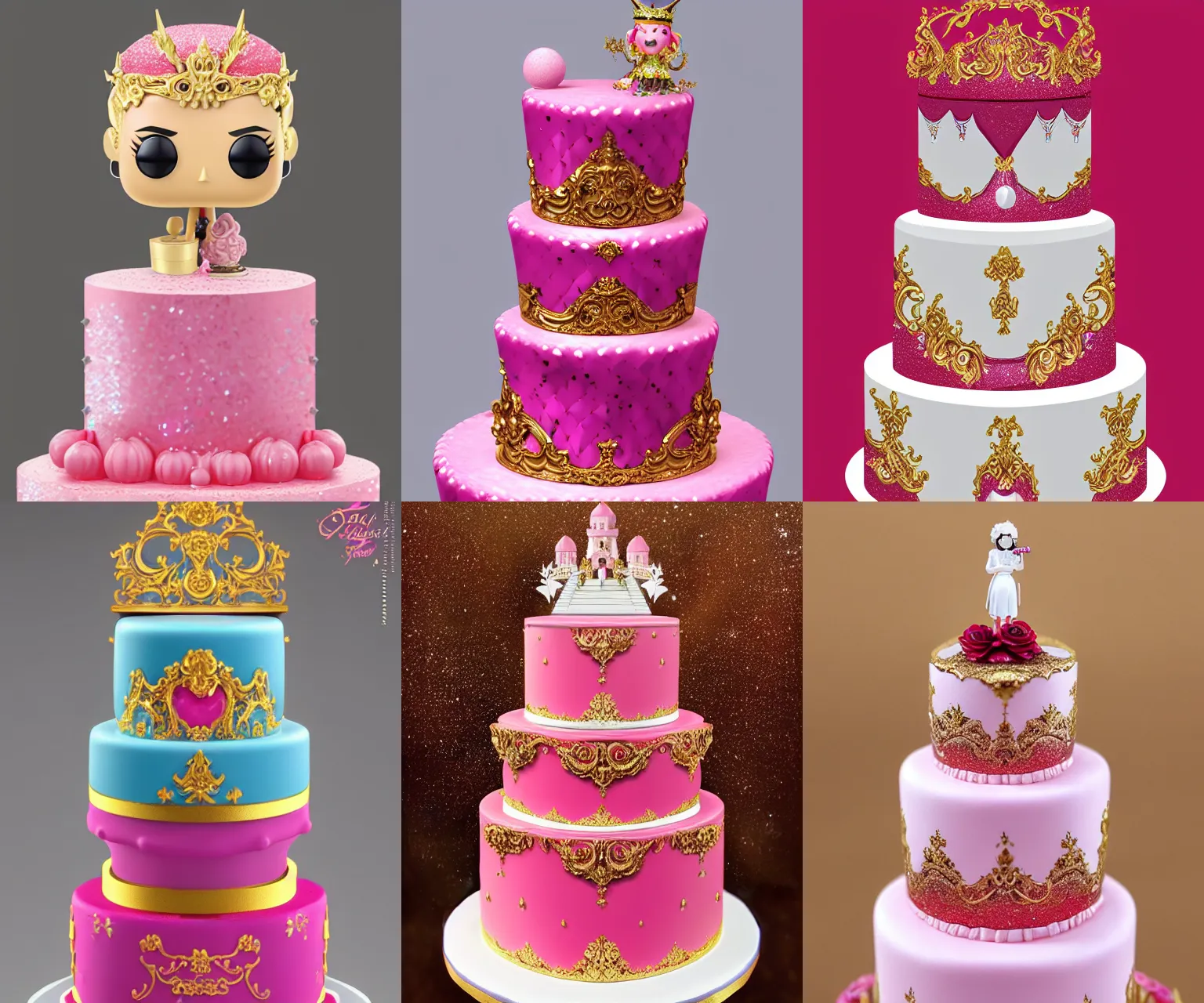 Prompt: funko pop as elegant rococo quartz raspberry wedding cake dripping fondant, stylized, sparkling, glitter, gilding, ornate, sylvain sarrailh, joongwon jeong