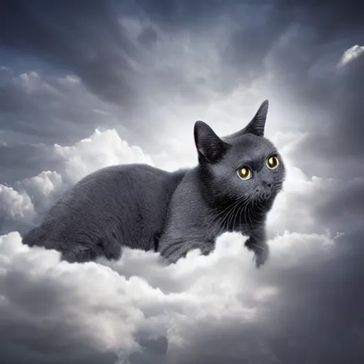 Prompt: a dark grey cat on a cloud floating in the sky, photography photorealistic