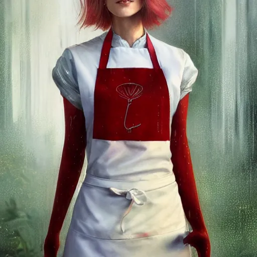 Image similar to elf woman standing in rain, short blonde hair, red and white chef's apron, sharp focus, intricate, smooth, ultra realistic digital art, elegant, by artgerm, greg rutkowski, raymond swanland, alphonse mucha