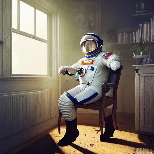 Image similar to a single cosmonaut in a spacesuit drinks a steaming cup of tea at an old wooden desk in a richly decorated Victorian house. the autumn light comes in through a window and dimly illuminates the room, diffuse light, octane render