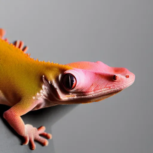 Prompt: a photograph of a pink crested gecko, studio lighting