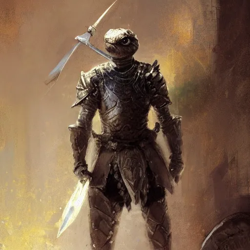 Prompt: portrait of a turtle as a mighty warrior wearing silver armor, holding sword, by craig mullins, jeremy mann.