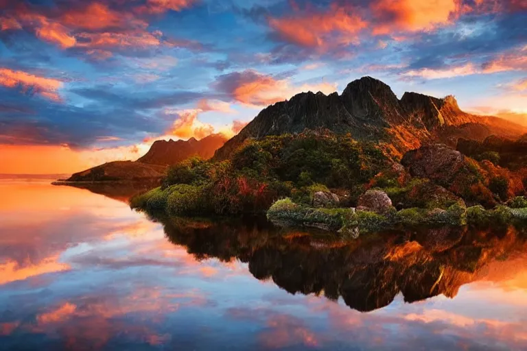 Prompt: Gediminas Pranckevicius amazing landscape photo of mountains with lake in sunset by marc adamus beautiful dramatic lighting,