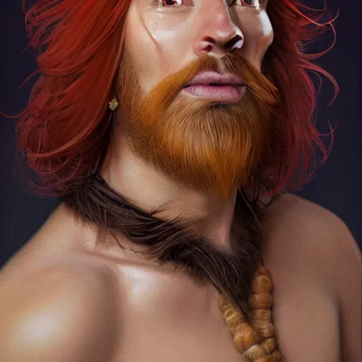Prompt: portrait of a young ruggedly handsome but joyful anthropomorphic parrot, male, masculine, upper body, red hair, long hair, d & d, fantasy, fierce, sharp features, intricate, elegant, highly detailed, digital painting, artstation, concept art, matte, sharp focus, illustration, art by artgerm and greg rutkowski and alphonse mucha