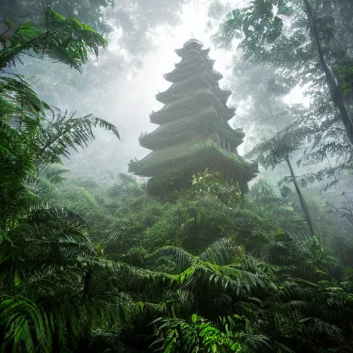 Prompt: abellanewsfoundation. org a full length portrait of a giant autonomous pagoda in a misty rainforest, surrounded by lush ferns and fir trees. surrounded by mountains and clouds and mist. featured on