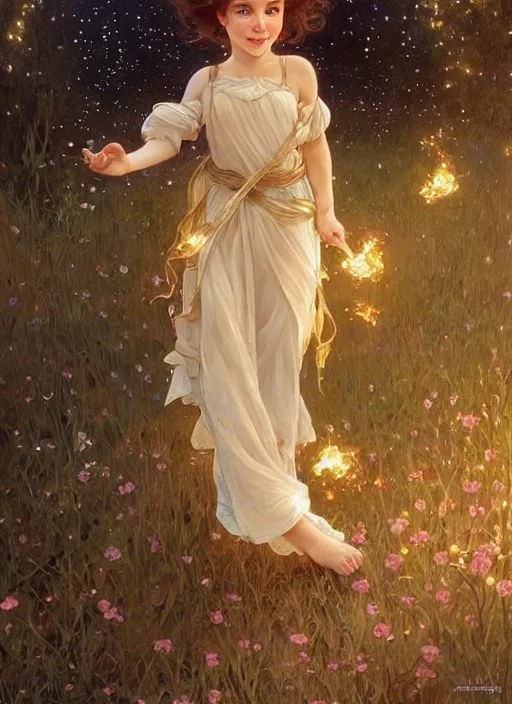 Image similar to a cute little girl with short curly brown hair with a happy expression wearing a summer dress dancing with fireflies, she is in the distance. beautiful fantasy art by by artgerm and greg rutkowski and alphonse mucha, trending on artstation.