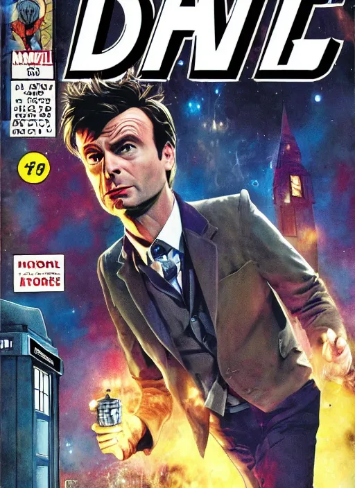 Image similar to A marvel comic book cover of the tenth doctor standing in front of the Tardis, daytime