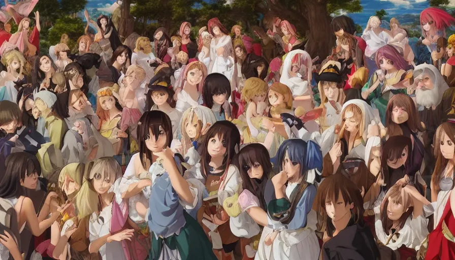 Image similar to jesus christ surrounded by cute anime girls, photorealistic, anime, mini skirt, neko, cat ears, renaissance painting, hyper real, detailed, wide angle shot, ultra detailed