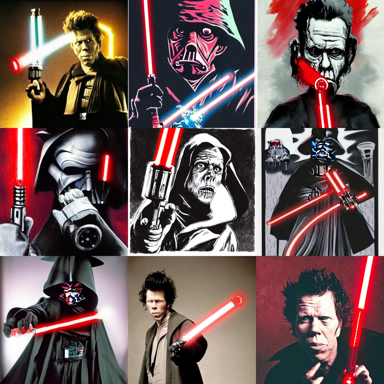 Prompt: Tom Waits as a Sith Lord holding a red lightsaber