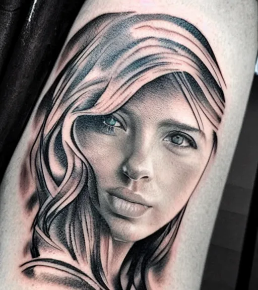 Image similar to tattoo design sketch of a very beautiful woman face against a background of beautiful mountains and nature, hyper - realistic, in the style of den yakovlev, amazing detail, black and white