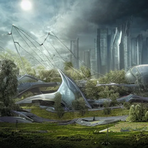 Image similar to future city covered by forest, trees, plant, broken buildings, doom of the gods, monster, gravity mess, star trek, glory war, photograph, cinematic matte painting, zaha hadid building, photo realism, desolate glacial landscape