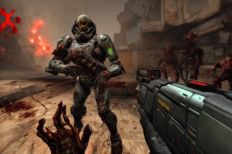 Prompt: a photo of doom slayer killing zombies in half life 2, photorealistic, 8 k