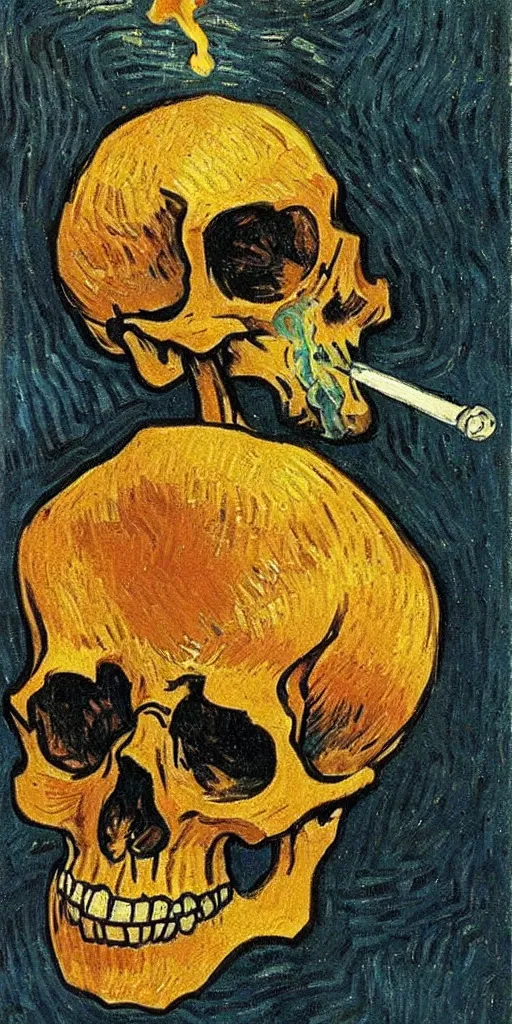 Prompt: Skull of a Skeleton with a Burning Cigarette by vincent van gogh