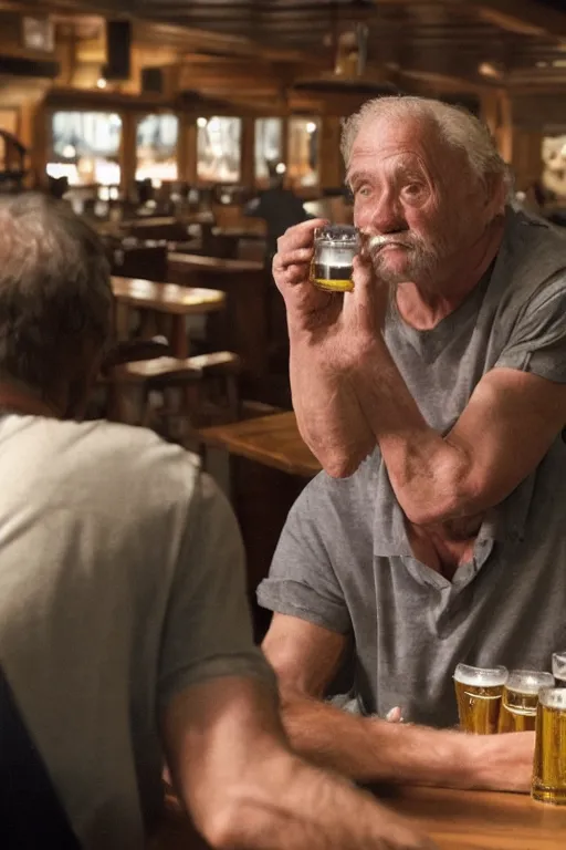 Prompt: Old man drinks beer in the bar. Photo realistic. Gregory Crewdson. Award winning. Masterpiece, exquisite detail, post processing