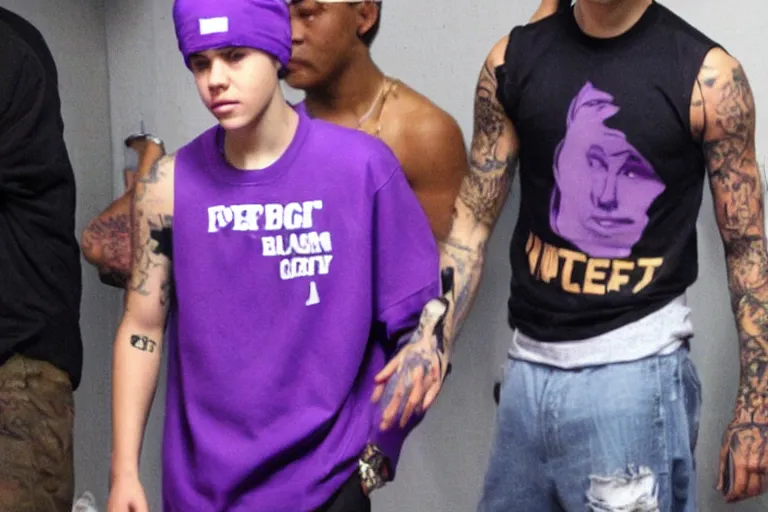 Image similar to justin bieber as a gang member wearing a purple head covering made from a polyester or nylon material and a stained white tank top caught dealing drugs inside a detroit gang trap house, arms covered in gang tattoo, paparazzi, leaked footage, uncomfortable, bad quality