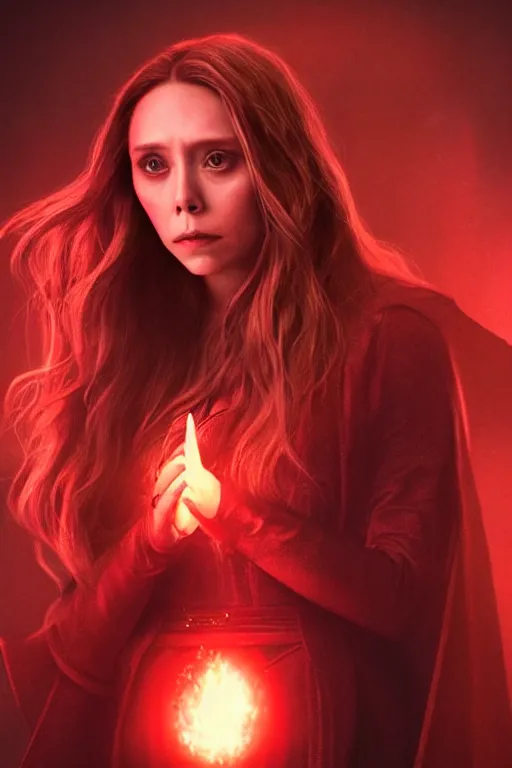 Image similar to movie still of elizabeth olsen as the scarlet witch, facing away from the camera, standing in the middle of a dark cave, holding red magic from her hands, illuminating the area, golden ratio!!!!!, centered, trending on artstation, 8 k quality, cgsociety contest winner, artstation hd, artstation hq, luminous lighting