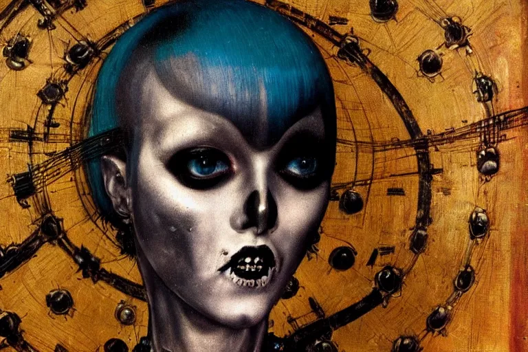 Prompt: close up portrait of a punk goth alien martian girl in a cyberpunk futuristic night club by ellen von unwerth, oil painting by canaletto hieronymus bosh leonardo da vinci piero della francesca botticelli