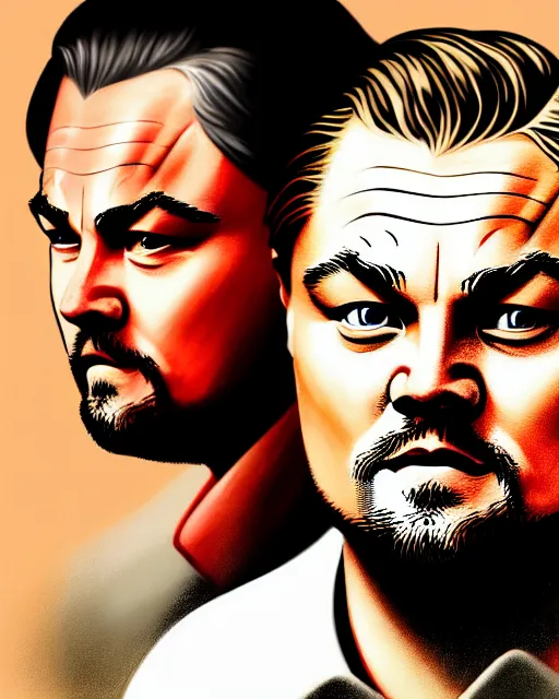 Image similar to painting portrait of leonardo dicaprio and a carp, cartoon, warm lighting, leonardo dicaprio has a carp. leonardo dicaprio and a carp fish. movie poster, illustration by bartek fedyczak, erak note, tooth wu, neil richards, kan liu, siwoo kim, jisu choe, trending on art station