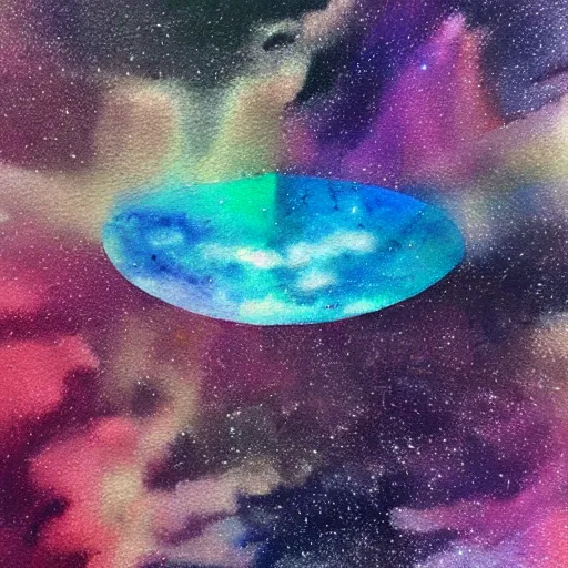 Image similar to high - angle view, close - up portrait, vague uap interstellar vehicle on top of an ephemeral rainbow in the sky, muted watercolor. minimalist, detailed, heavy under paint, muted colors, abstract. ue 5