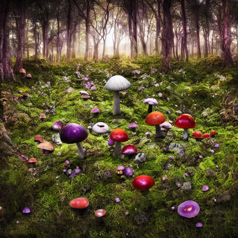 Image similar to a planet of various fungus, mushrooms, flowers and plants, inside the picture is infinity, Atmospheric, artistic photography, conceptual, long exposure outside the city, volumetric light